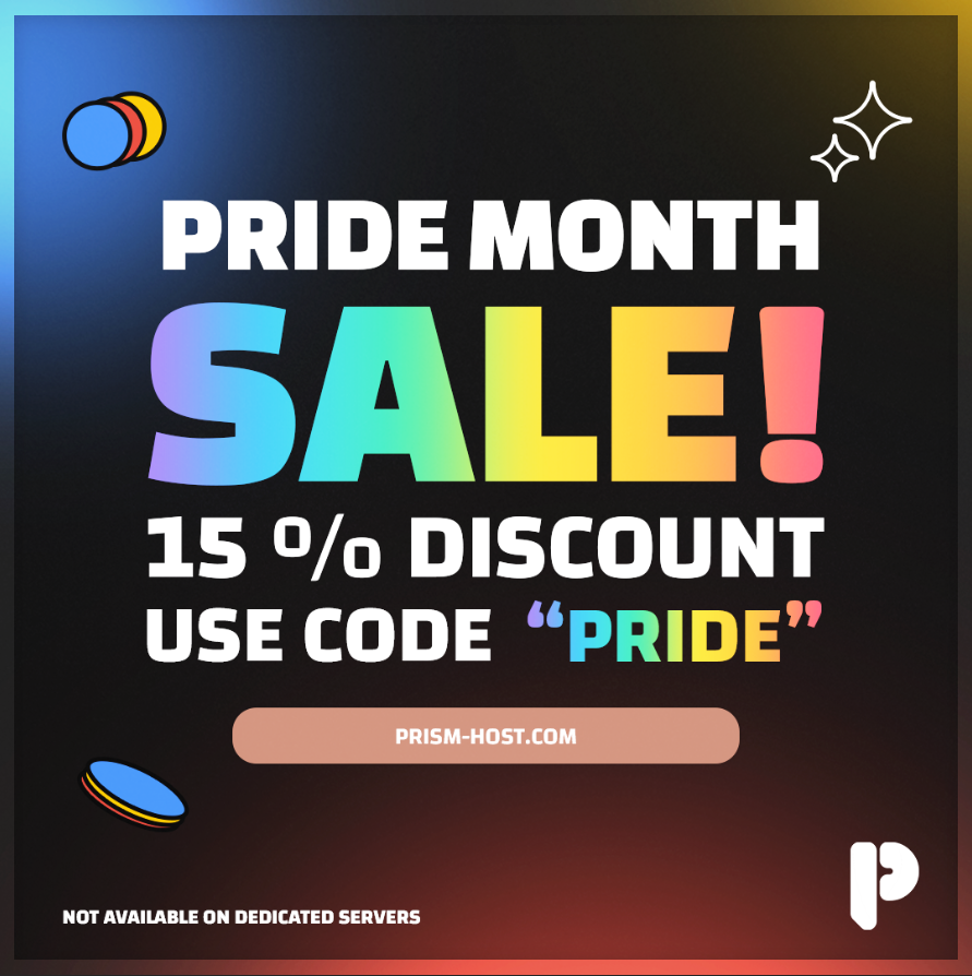 Prism_Host's tweet photo. Happy PRIDE month everybody! We support the LGBTQA+ community and welcome them with warm arms. During the entire month of June, we are running a 15% off sale for new orders! Terms &amp; Conditions apply. See more information in our Discord: https://t.co/yythnts5yf https://t.co/fdAm0I81EW