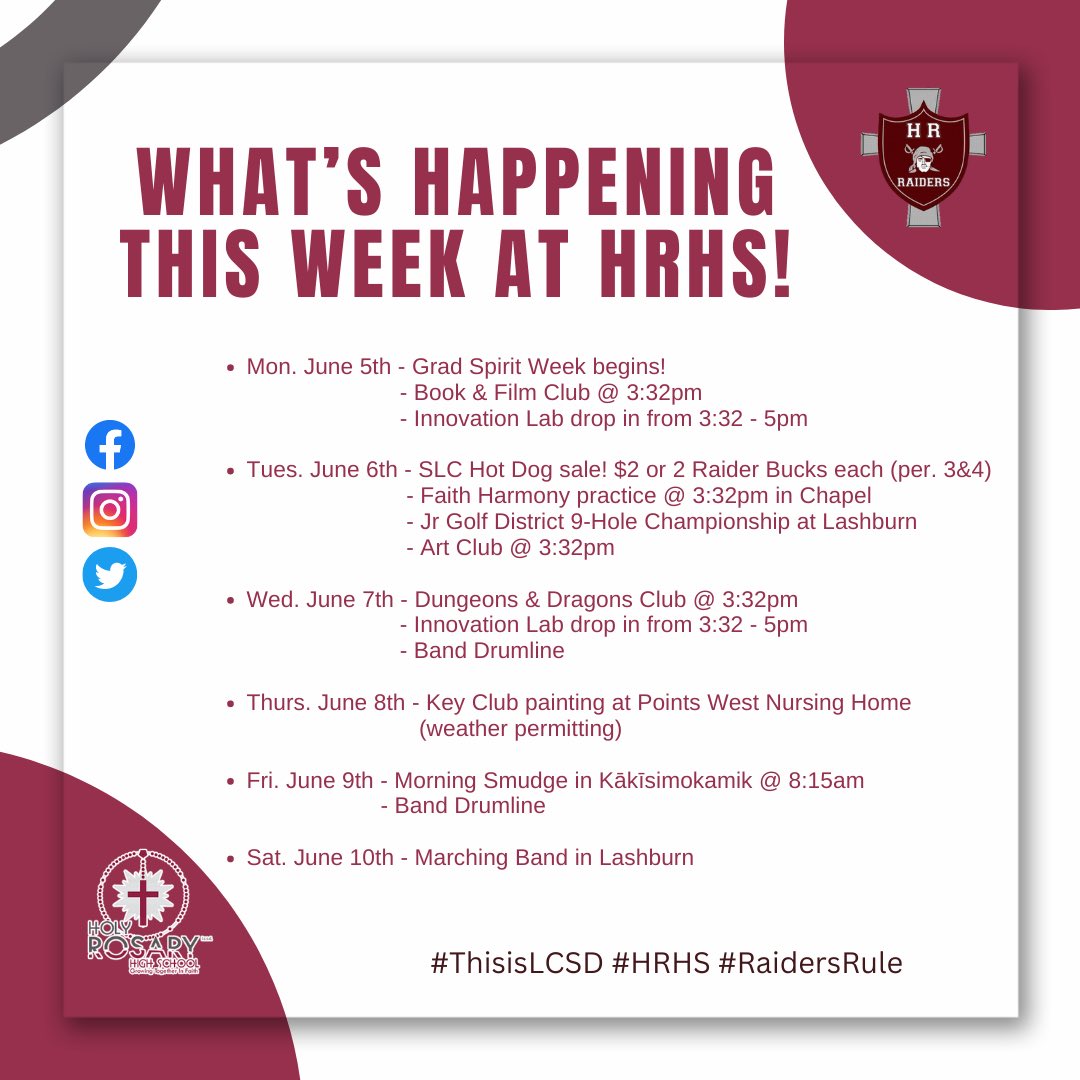 What’s happening this week at #HRHS!

The countdown is on- only 12 more in-class days left until final exams. Finals begin on June 21st &amp; go until June 27th. Get those assignments in &amp; make sure you are prepared because these last weeks will go by quickly.
Have a wonderful week!