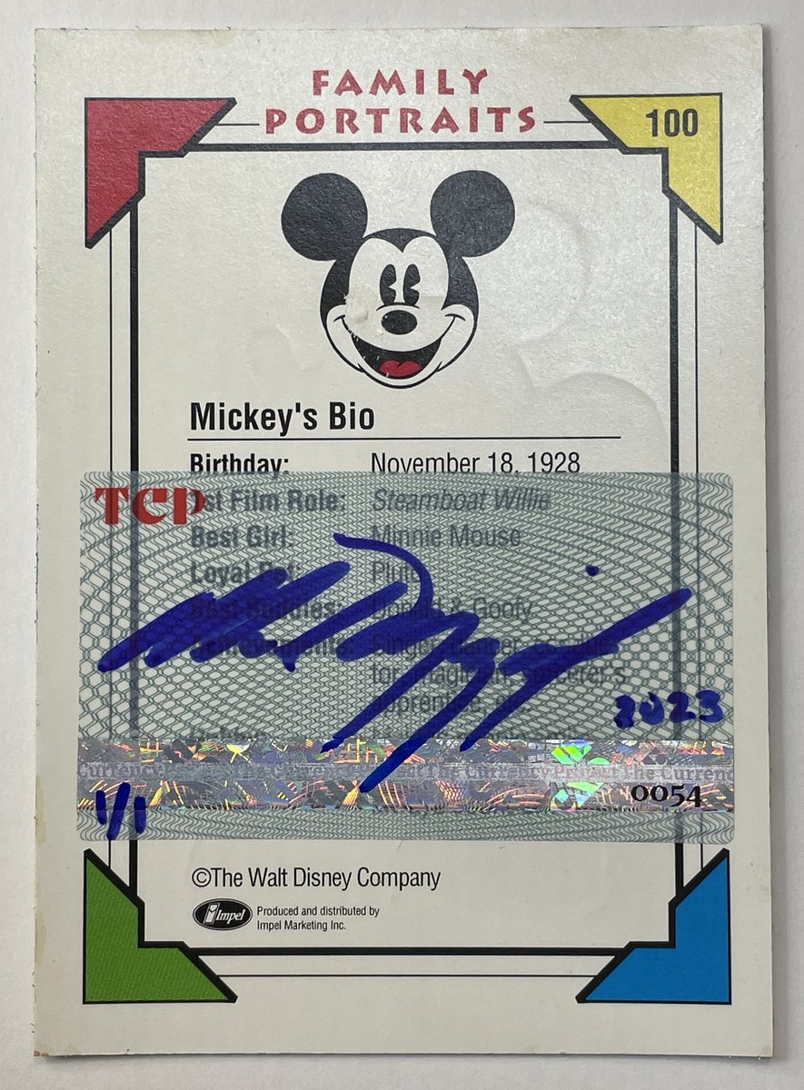 ProjectCurrency's tweet photo. Week June 4, 2023 live auction on ebay:

Title:  Mickey's Magic Kingdom (after Claude Monet's Rouen Cathedral)
Medium: Oil paint on authentic 1991 Impel The Walt Disney Co. Mickey Mouse card # 100
TCP Serial Number# 0054 https://t.co/89r7EPtElW
