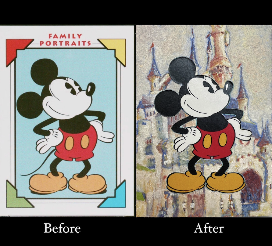 Week June 4, 2023 live auction on ebay:

Title:  Mickey's Magic Kingdom (after Claude Monet's Rouen Cathedral)
Medium: Oil paint on authentic 1991 Impel The Walt Disney Co. Mickey Mouse card # 100
TCP Serial Number# 0054