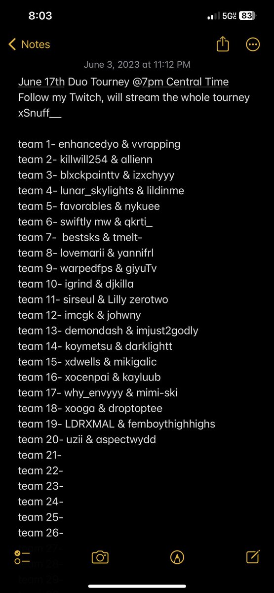 *Updated list* still need 10 teams so pls like and rt, almost a week away and had a couple of ppl ask how the rewards will be sent out, it’ll be thru cashapp if anyone has any issues with that pls dm me