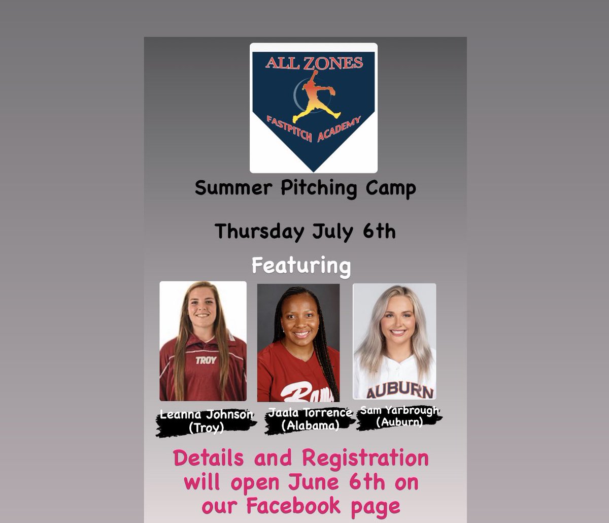 AllZonesFastpitch (@coachoallzones) on Twitter photo Check out this Line Up for our Summer Pitching Camp. The camp will be lead by owner Sharon Omara (Coach O) and will be held at our facility in Enterprise. Camp Details and live link to registration will be released on Tuesday June 6th.
<a href="/jaala_t10/">Jaala Torrence</a> <a href="/_leannajohnson5/">leanna</a> <a href="/sam_not_yabro/">SAMANTHA YARBROUGH</a> Check out this Line Up for our Summer Pitching Camp. The camp will be lead by owner Sharon Omara (Coach O) and will be held at our facility in Enterprise. Camp Details and live link to registration will be released on Tuesday June 6th.
<a href="/jaala_t10/">Jaala Torrence</a> <a href="/_leannajohnson5/">leanna</a> <a href="/sam_not_yabro/">SAMANTHA YARBROUGH</a>