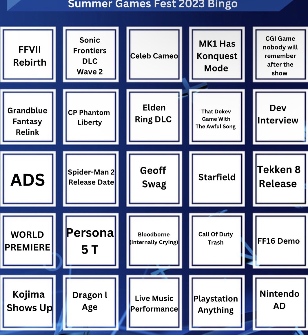 PlayStation Showcase 2023 Bingo Card