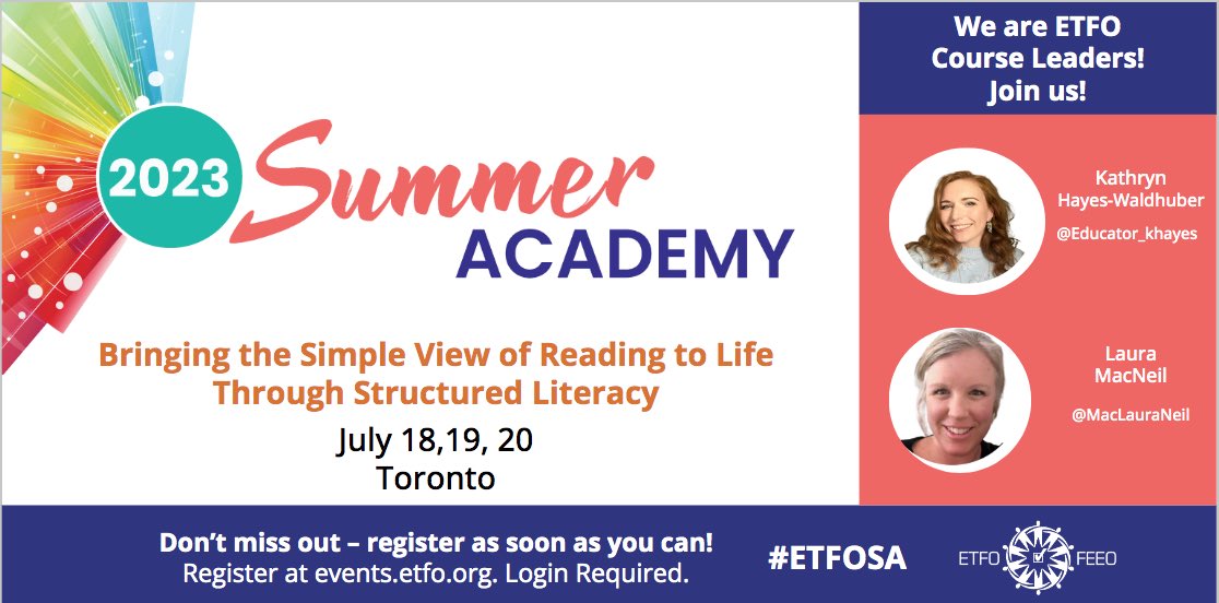 The count down is on for sun, sand, &amp; <a href="/etfoaq/">ETFO AQ</a> Summer Academy! <a href="/MacLauraNeil/">Laura MacNeil</a> &amp; I are thrilled to be course leaders for #etfosa 

Join us for a 3-day course as we bring the simple view of reading to life through structured literacy. 

Registration is live events.etfo.org