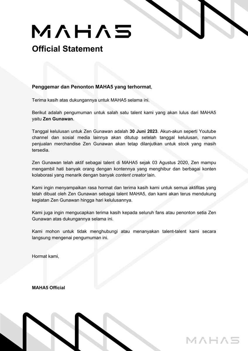 maha5official's tweet photo. Pengumuman kelulusan @ZenGunawan 
Terima kasih kepada para penonton dan penggemar Zen atas dukungannya selama ini 🙏 https://t.co/rJUmGjNMUw