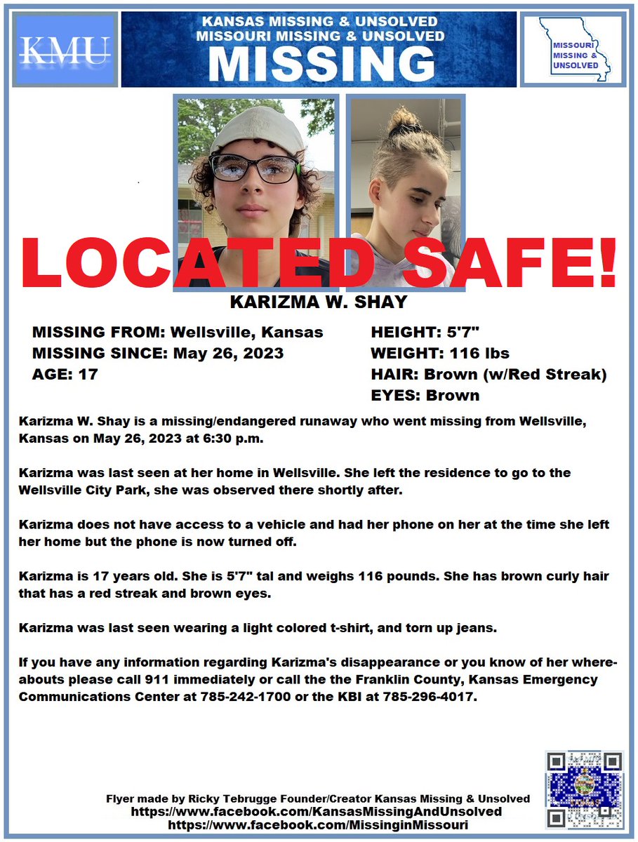 KARIZMA HAS BEEN #LOCATED SAFE!!! THANK YOU TO ALL WHO RETWEETED HER FLYER!!! #MISSINGPERSON #MISSING @AnnetteLawless #KansasMissing #MissingInKS