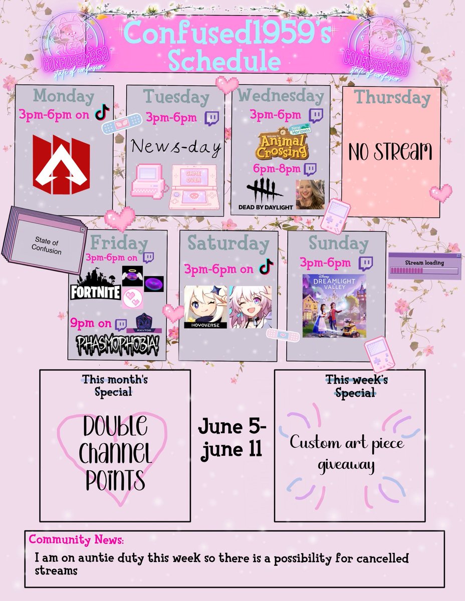 ConfusedADHD's tweet photo. this weeks schedule! we have sooo many awesome costreams happening!!! 

#stream #streamer #twitch #tiktok #costreams #gamergirl #PrideMonth #lgbtstreamer tags below https://t.co/GLxI9uNTZV
