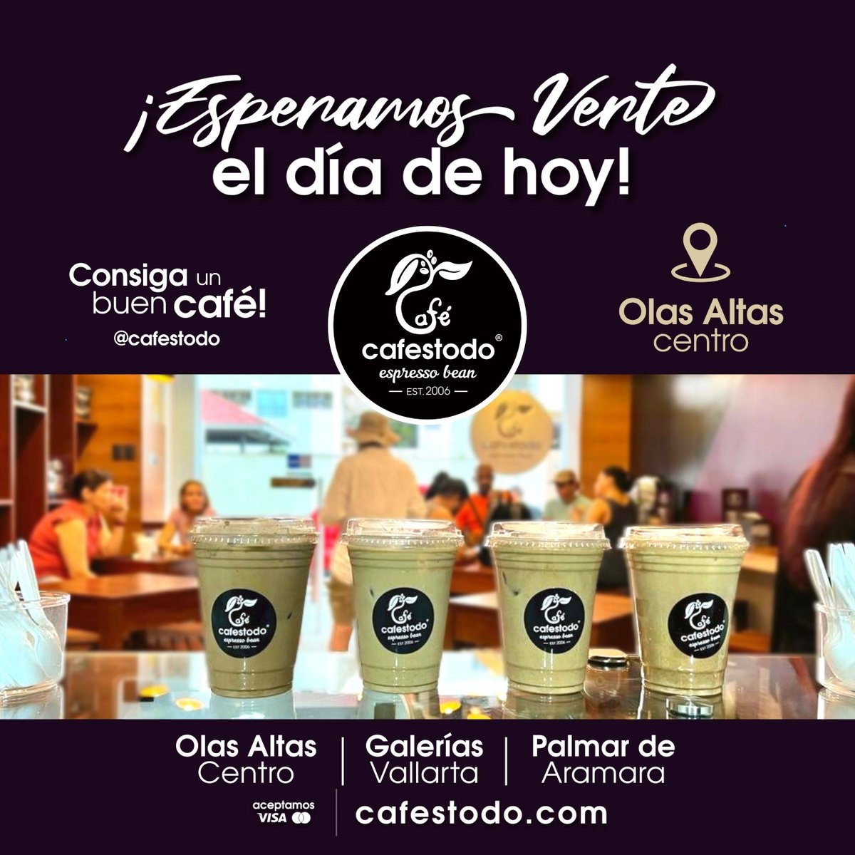¡Esperamos verte el día de Hoy!, ahora también en esta nueva ubicación:  Aquiles Serdán 194- L1 (Frente a Molino de Agua)
Lunes a Domingo de 7:00 AM a 9:00 PM
Consiga un buen café! | <a href="/cafestodo/">cafestodo</a>

Maps| goo.gl/maps/ra2cGF4rB…
