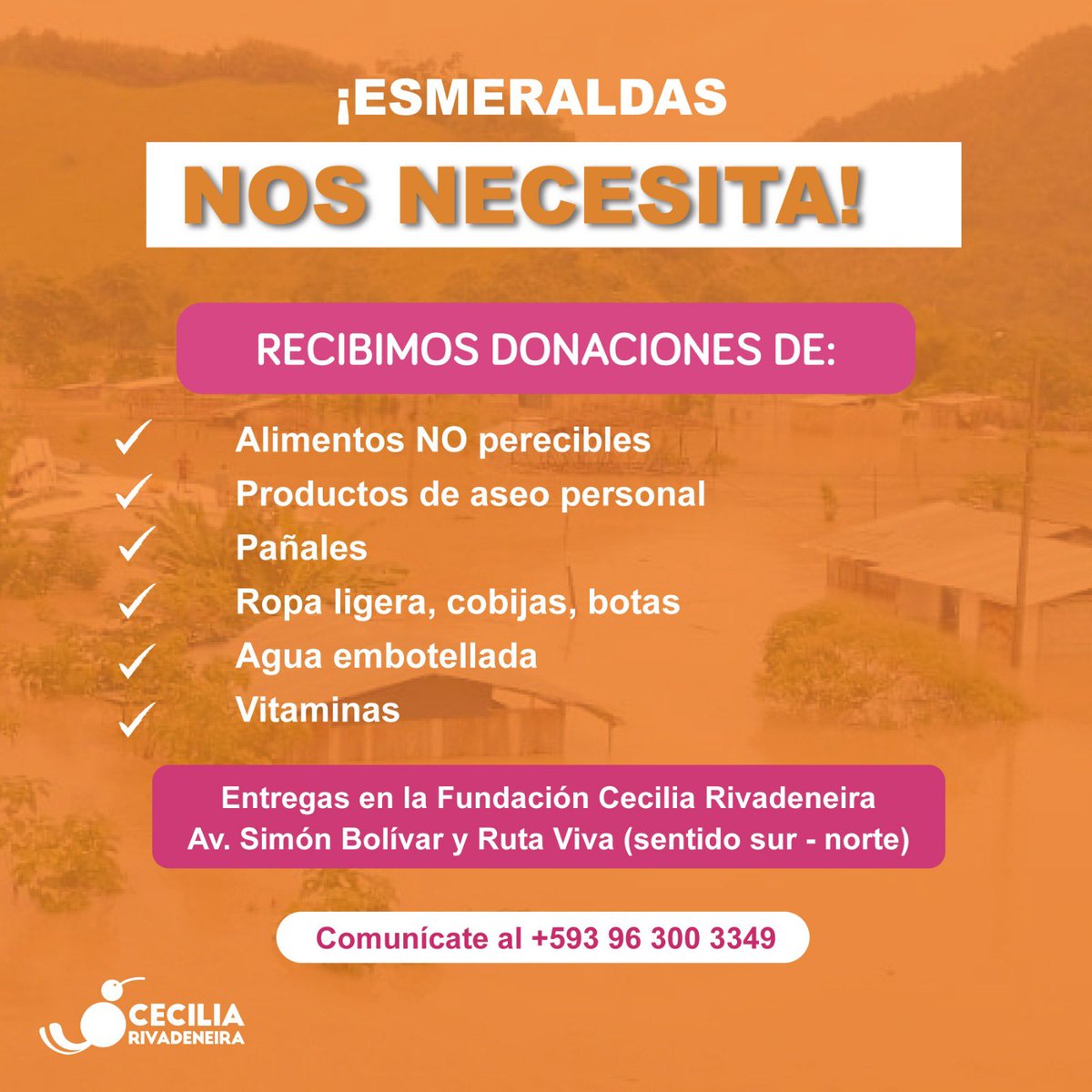 Es momento de estar unidos y ayudar a todas las familias damnificadas de #Esmeraldas. 

Desde la fundación <a href="/JuntosSomosVida/">Fundación Cecilia Rivadeneira</a> nos activamos en una cruzada de asistencia humanitaria. ☎️0963003349

#LaUniónEsElCamino #SOSEsmeraldas