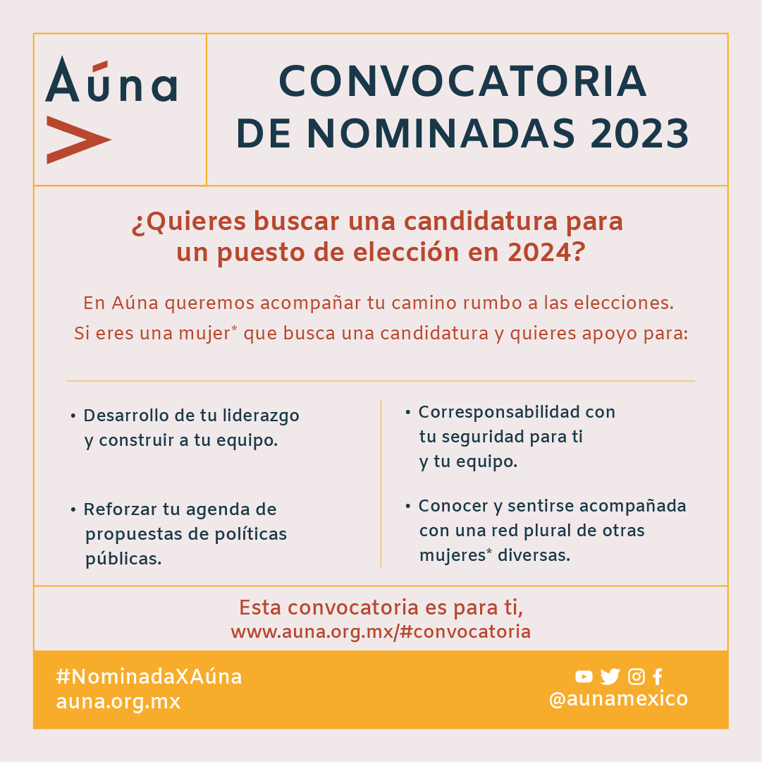 Ser candidata para las elecciones de 2024 puede dejar de ser solo un deseo. Aúna comparte contigo el camino para lograrlo.

Participa en la convocatoria de nominadas Aúna y encuentra tu red.

#NominadaXAúna: auna.org.mx