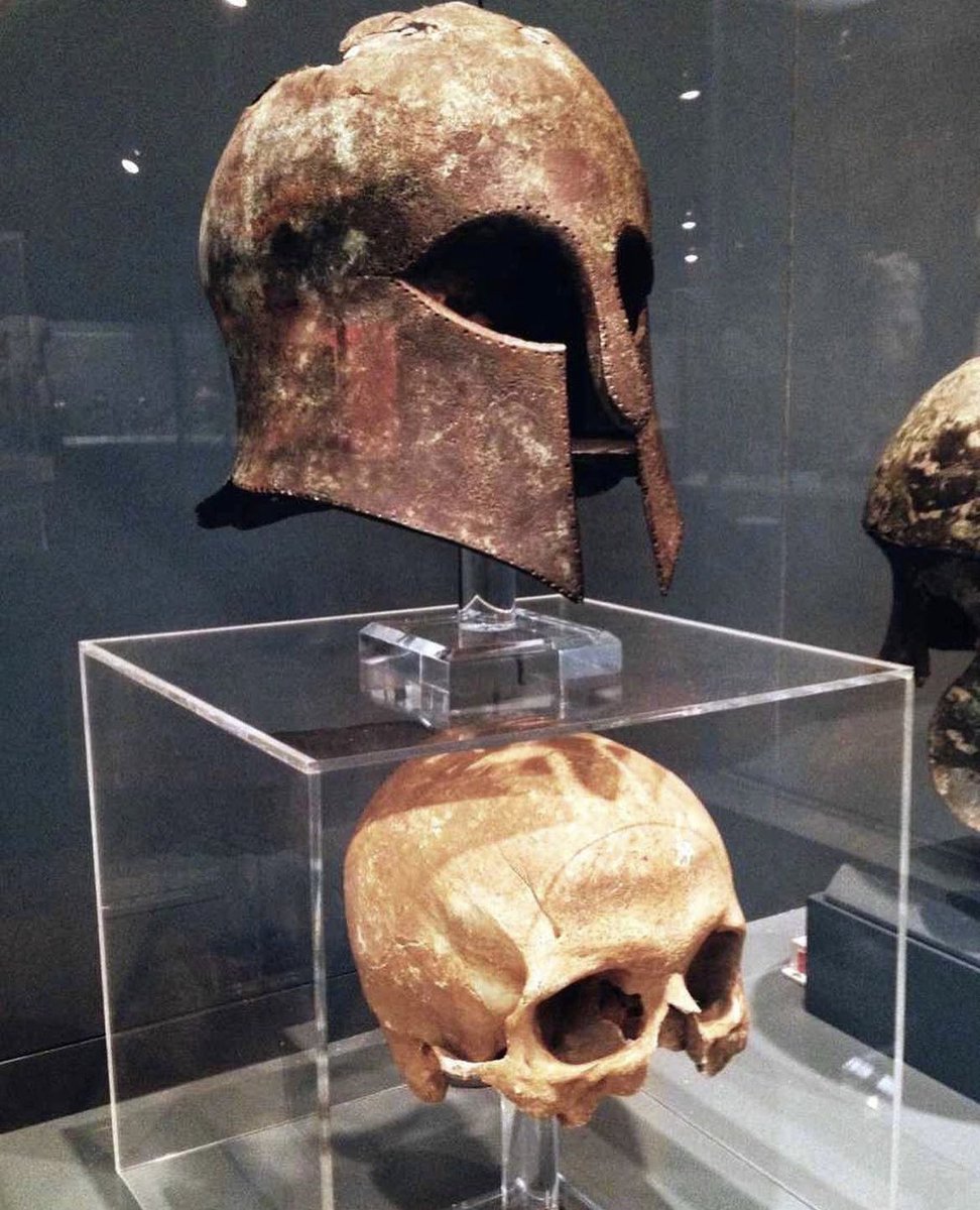 Corinthian helmet found with the soldier's skull still inside from the Battle of Marathon which took place in 490 BC during the first Persian invasion of Greece. 2,500 years ago, on the morning of September 12th, 10,000 Greek soldiers gathered on the plains of Marathon to fight