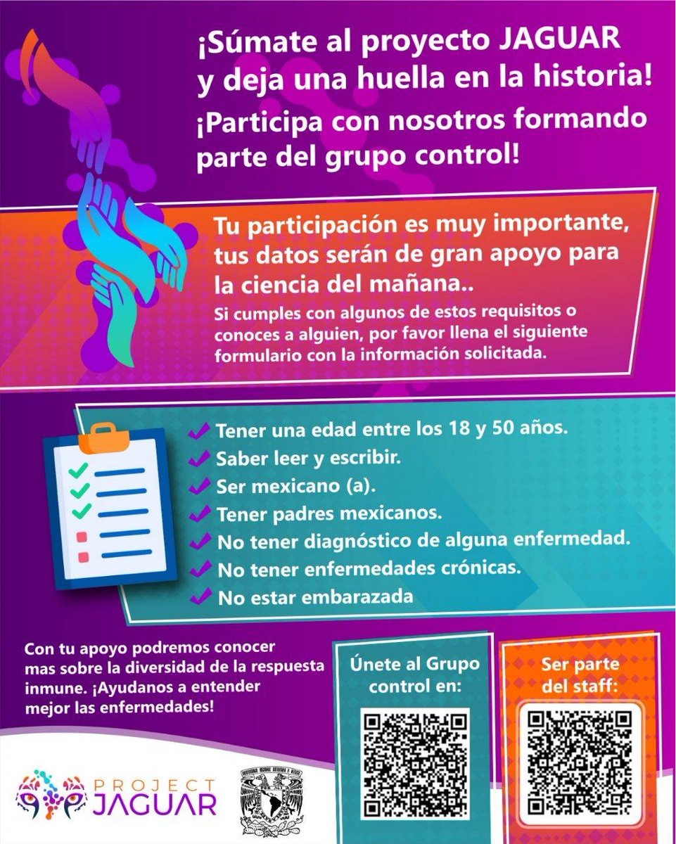 PJaguarLATAM's tweet photo. 🐆 ¡Súmate como #voluntario en 𝐌𝐞́𝐱𝐢𝐜𝐨 🇲🇽
Solamente regístrate en esta liga 👇
https://t.co/JkDqQFBfpV
.
.
#jaguar #LATAM #ADN #ciencia #singlecell #genetics #projectjaguar #geneticamedica #Mexico https://t.co/LNGnc3gtHE