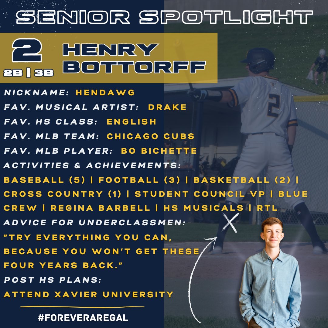 Senior spotlights are back! We start off with:

🎓: Class of ‘23
#️⃣: 2️⃣
🚹: Henry Bottorff (<a href="/BottorffHenry/">Henry Bottorff</a>)
⚾️: 5 Year Regal

#ClassOf23 #SeniorSpotlight #OneLastRide #ForeverARegal <a href="/ReginaRegalsAD/">Regina Activities</a>