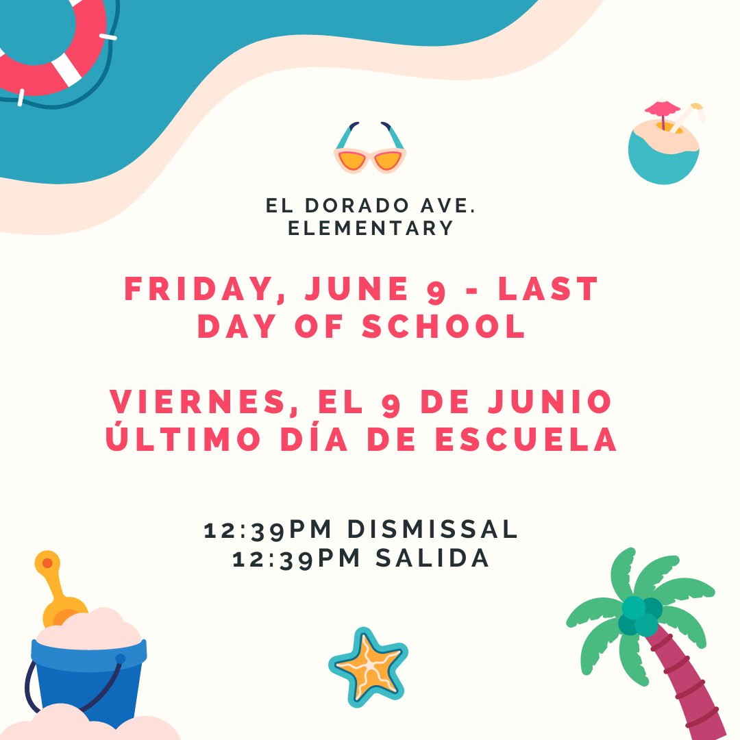 <a href="/ElDoradoBears/">El Dorado Avenue Elementary</a> Last day of school on Friday, June 9! Let's have a great end to the school year! ¡Último día de clases el viernes 9 de junio! ¡Vamos a tener un gran final del año escolar! <a href="/LASchools/">Los Angeles Unified</a> <a href="/LASchoolsNorth/">LAUSD Region North</a> <a href="/Kelly4LASchools/">Kelly Gonez, LAUSD</a> <a href="/SFS_COS/">SanFernando.Sylmar.COS</a>