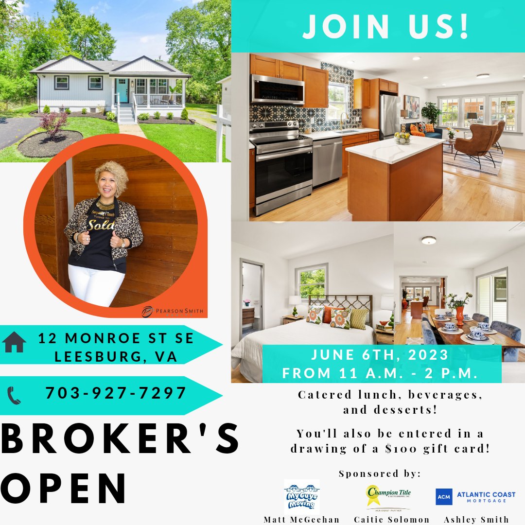 Catered Broker's Open! 🏡

🗓 June 6, 2023
🕙 11 a.m. to 2 p.m.
📍 12 Monroe St SE - Leesburg VA 20175
🏆 Drawing of a $100 giftcard!

#brokersopen #OPENHOUSE #leesburgva #LeesburgRealEstate #leesburgrealtor  #loudouncountyva #northernvirginia #northernvirginiarealestate