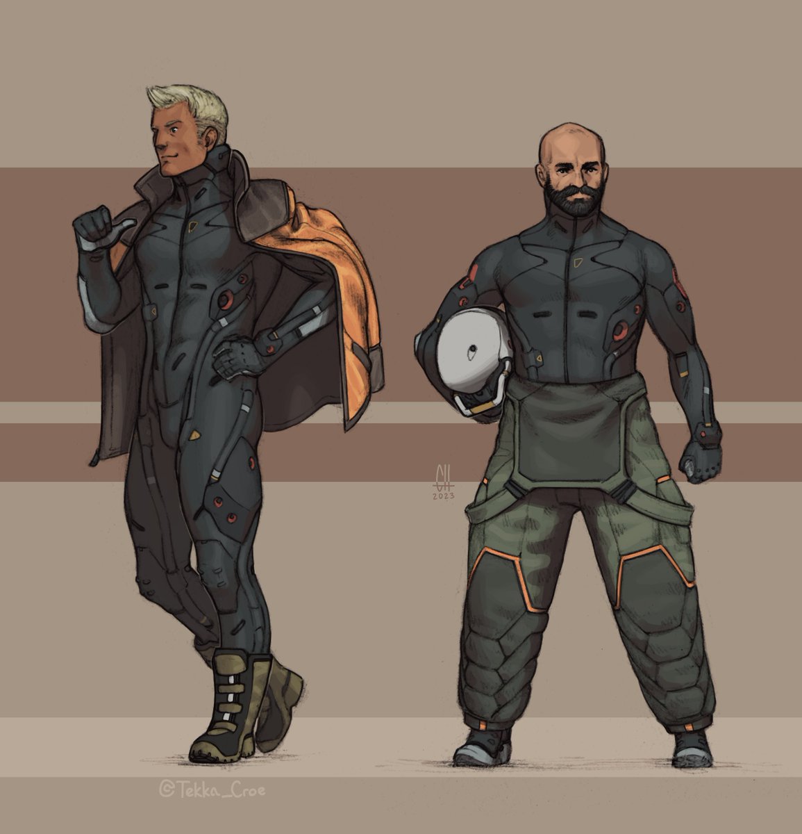 Outfit customization concepts for my Vermilion Hope mecha project.  I like the idea of the pilots' LINC Suits being available as a base/undergarment layer.
#art #digitalart #scifiart #characterart #characterdesign