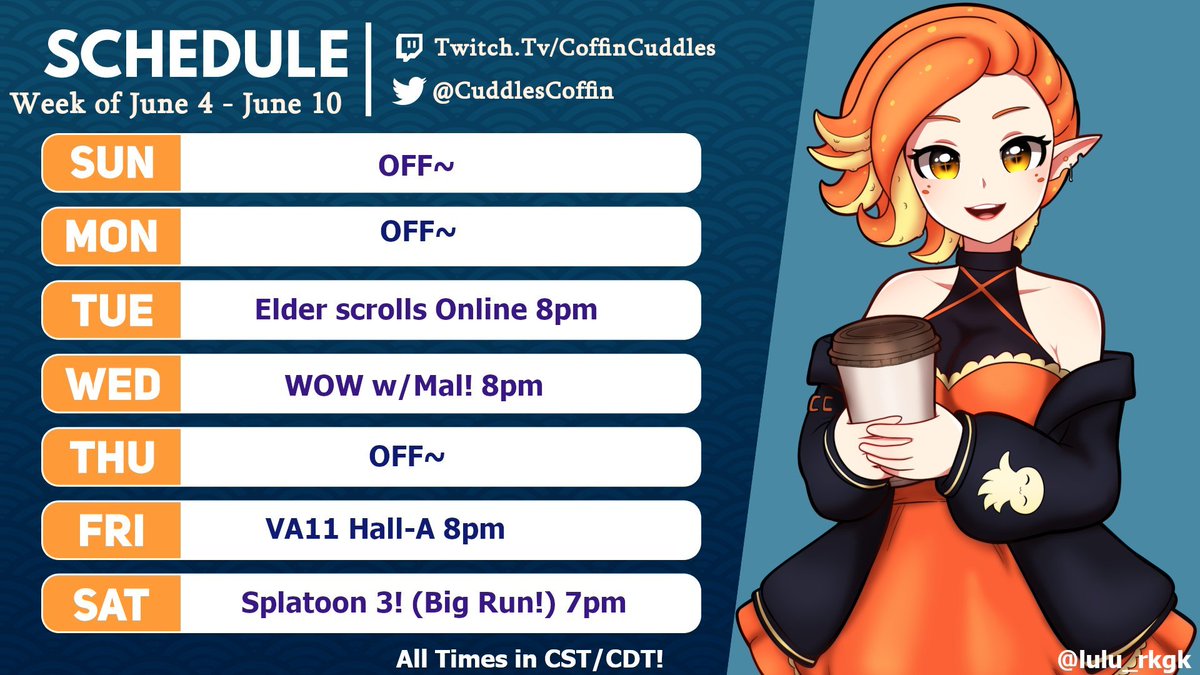 CuddlesCoffin's tweet image. Schedulee! 
twitch.tv/coffincuddles

Too Lazy to edit it now, but Wednesday has changed course. #VTuberSchedule #VStreamer #VirtualCreator #VTuber