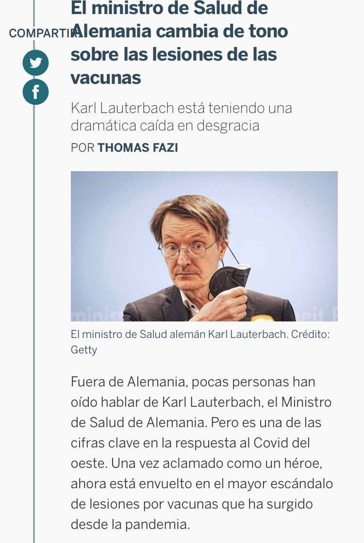 La_SemiYA_dl_VD's tweet photo. 🚨300.000 LESIONADOS por las“VACUNAS”COVID y SUBIENDO🚨

En ALEMANIA el MINISTRO de SALUD,KARL LAUTERBACH ha RECONOCIDO que es un PROBLEMA GRAVE

HACE 2 años QUISO IMPONER la VACUNACIÓN OBLIGATORIA como FEIJOO

¿Por qué NO HAY GRANDES POLÍTICOS LESIONADOS?
https://t.co/kJbeRyNkBN https://t.co/qX0PgS8vET