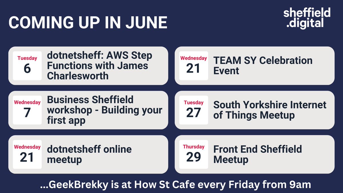 Can you help us to spread the word about these meetups and events happening in June? @dotnetsheff tomorrow, a @SheffBusiness workshop on Wednesday, more @dotnetsheff later this month, celebrate with @WeAreTEAMSY on 21st June, and more! 👇 @HelpSheffield #SheffEvents