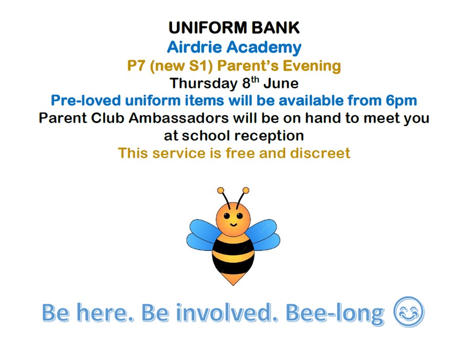 AirdrieAcadFam's tweet photo. Our @AirdrieAcademy Parent Club Ambassadors are looking forward to meeting you at the P7 Evening this Thursday (8 June)!
Don't hesitate to come along from 6pm for pre-loved uniform items. https://t.co/wAYps2IUBu