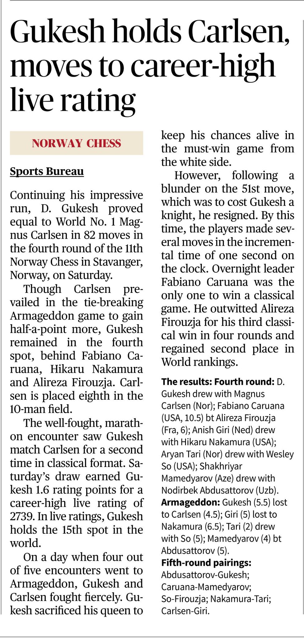 Norway Chess: Gukesh holds Carlsen, moves to career-high live