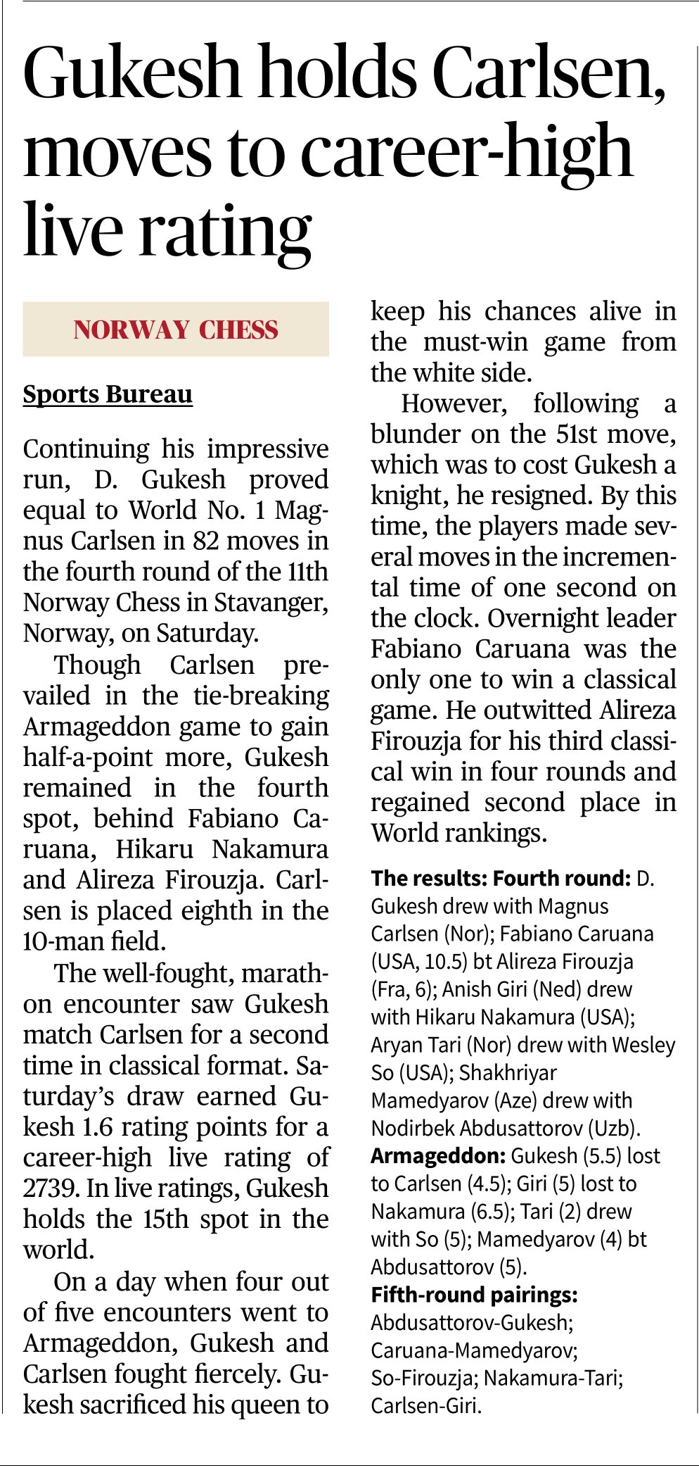 M.K.Stalin on X: Congrats Grand Master @DGukesh on achieving a career-high live  rating of 2739 with your impressive, intense and hard-fought game against  Carlsen in the @NorwayChess. May you soar to greater