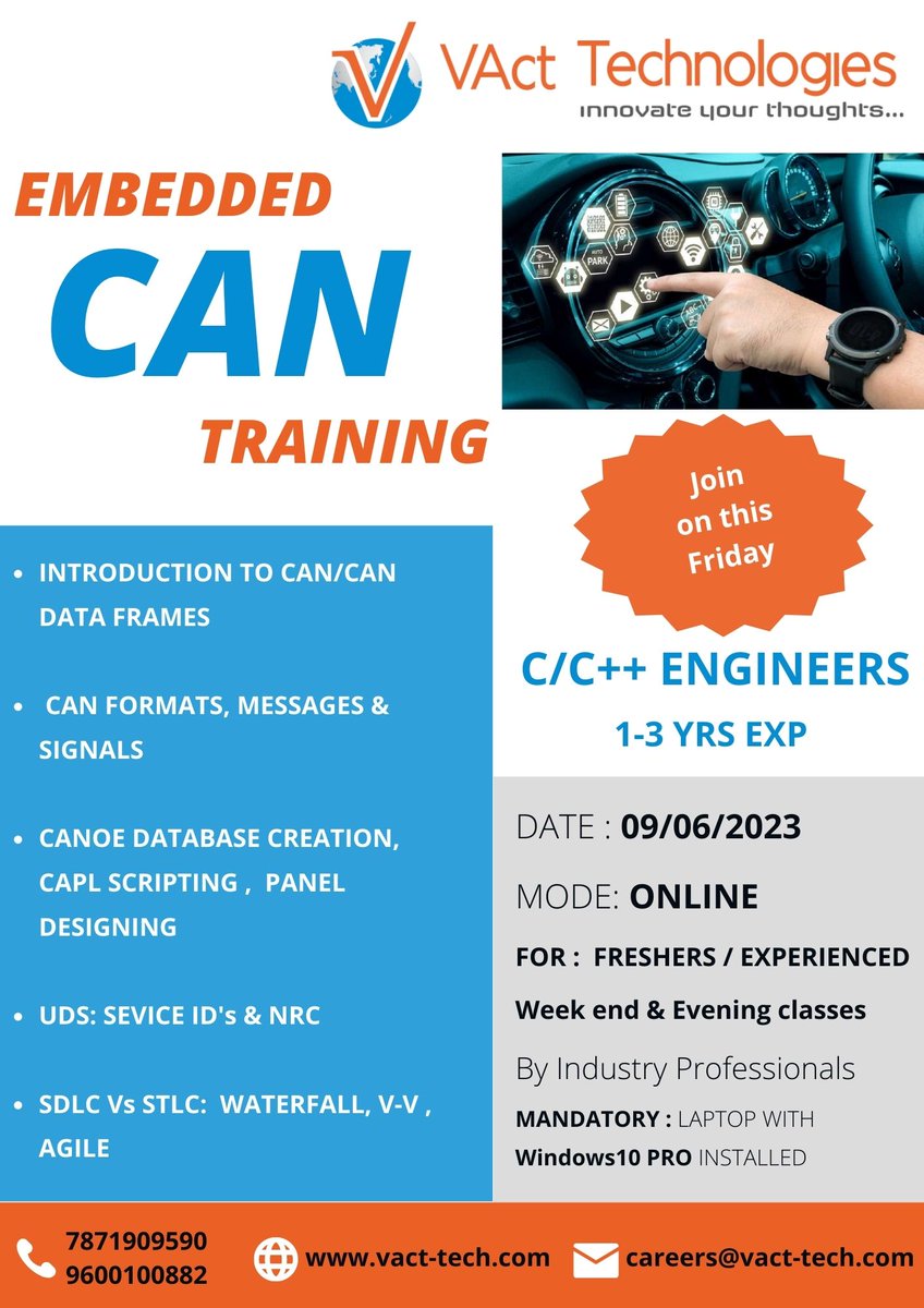 VActTechnology's tweet image. Dear All,
From VAct Technologies Private Limited, greetings
On June 9, 2023, we will be running a CAN program (Friday). (15-20 days, 2.30-hour sessions).
#controllerareanetwork #CAN #softwaredevelopment #embeddedsystems #embeddedsoftware #automotive