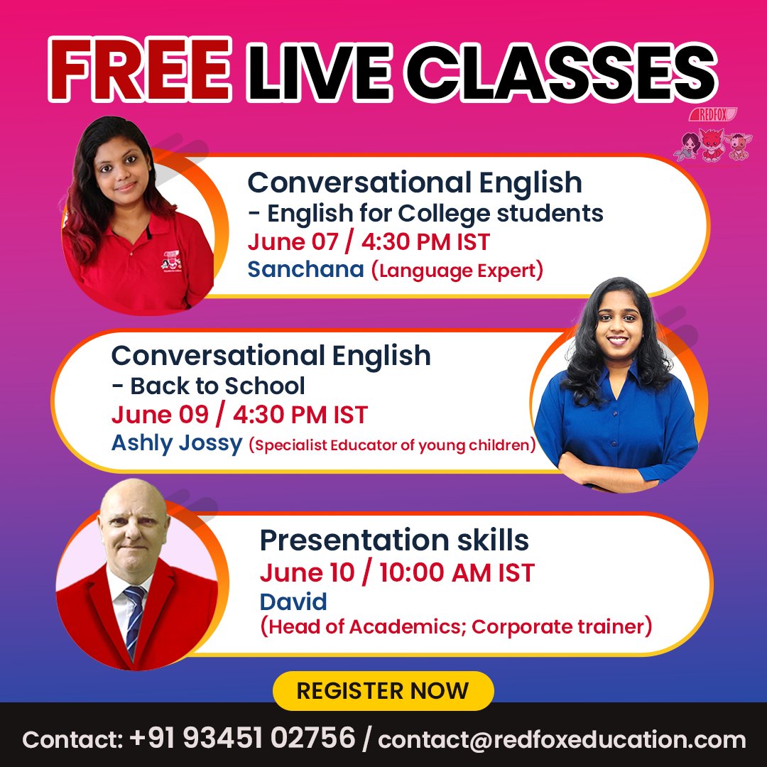 RedFox_EdTech's tweet image. Free Live Classes

1.Conversational English - English for College 
   students
2.Conversational English - Back to School
3.Presentation skills

Register Now:  redfoxeducation.com/live-classes

#learnenglish #liveclass #ielts #englishconversation #Edtech #BritishEnglish #RedFoxEducation