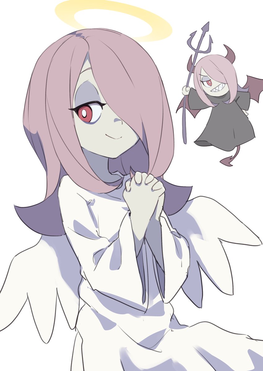 sucy manbavaran angel and devil angel halo wings hair over one eye horns trident  illustration images