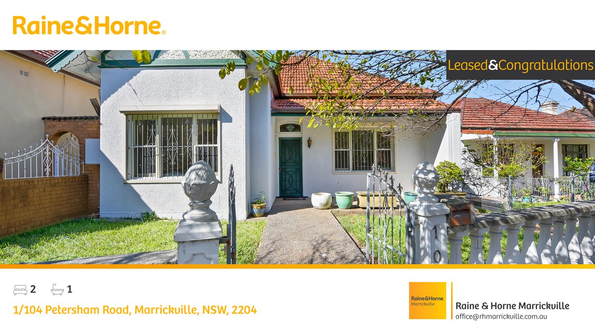 🛌 2 🛀 1
📍 1/104 Petersham Road, Marrickville, NSW, 2204

Our latest leased rental on RateMyAgent

rma.reviews/jk4MvEl7CiAB

...
#ratemyagent #realestate #Raine_and_Horne_Marrickville