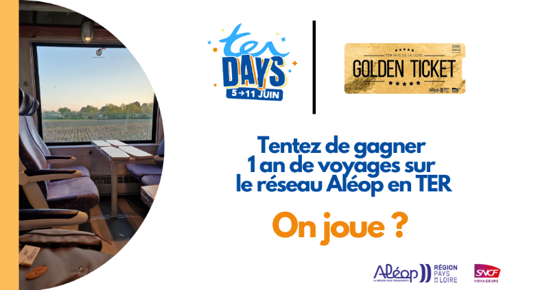 TERPays2LaLoire's tweet photo. [#JeuConcours] 🎁 Du 5 au 11/06, ce sont les #TERDays ! Un #GoldenTicket permettant de voyager durant 1 an, en illimité, sur l'ensemble du @reseau_Aleop, est à gagner. 🕵️ Menez l'enquête sur notre site internet #TER et tentez de le découvrir sans plus attendre. Ouvrez l'œil ! ⤵️
