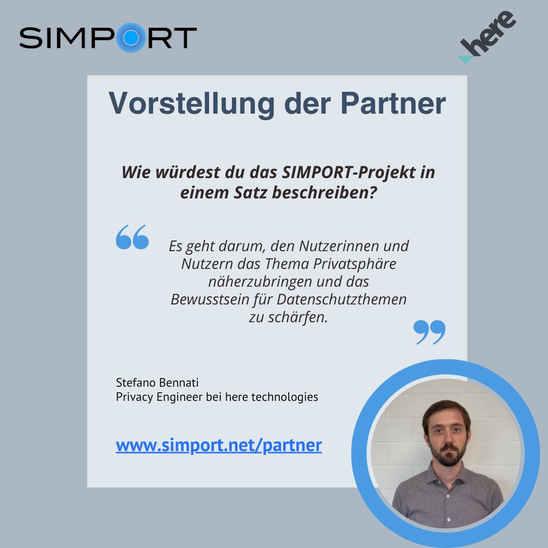 Diese Woche stellen wir unseren letzten Projektpartner vor: Das Unternehmen @here entwickelt Lösungen zu #locationdata & #technology zum Schutz der #Privatsphäre🔒Im #SIMPORT-Projekt möchten sie das Bewusstsein zum Thema #Datenschutz stärken! Mehr dazu ➡️simport.net/partner/