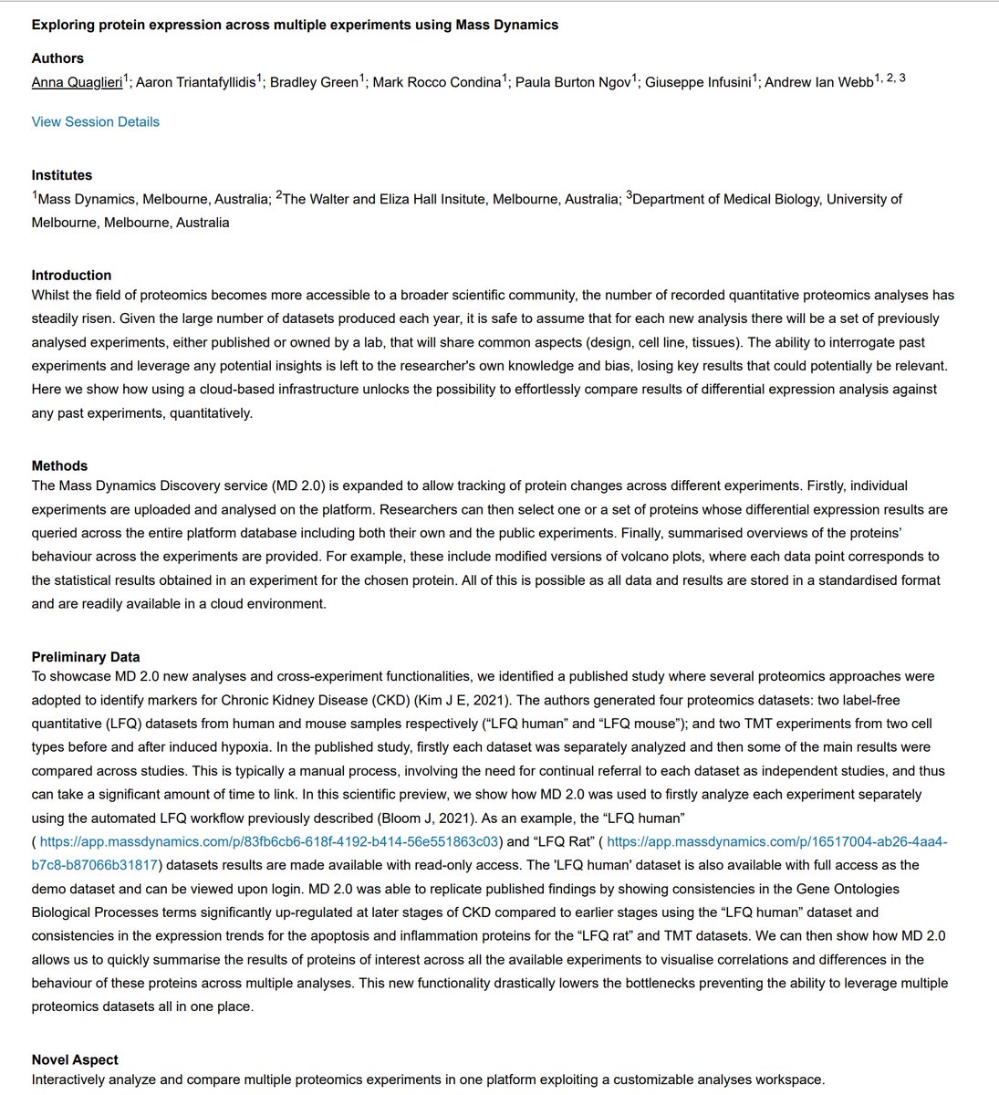 What a start to #ASMS2023 🚀🤯

We're excited for Day 1 of the scientific program feat. Mass Dynamics #datascientist <a href="/annaquagli/">Anna Quaglieri</a>. Join her 👇to explore protein expression across multiple experiments 🧶

#TeamMassSpec #massgeek #proteomics #novel #multiexperiment #crossexperiment