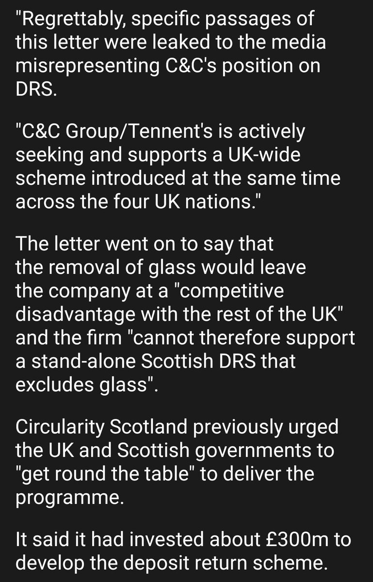 #bbcgms with such transparent anti-Scot Gov bias.  'C&C Group doesn't support a Scotland scheme and wants a whole UK DRS scheme' they challenge the Scot Gov with.  But read the whole PR. They support a whole UK scheme - OR a Scotland only scheme - *as long as it includes glass*.