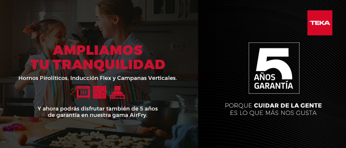 👉Con <a href="/teka_ESP/">Teka España</a> puedes estar tranquilo, hasta 5️⃣ años de garantía en hornos pirolíticos, placas de inducción flex y campanas verticales.
garantia5teka.com