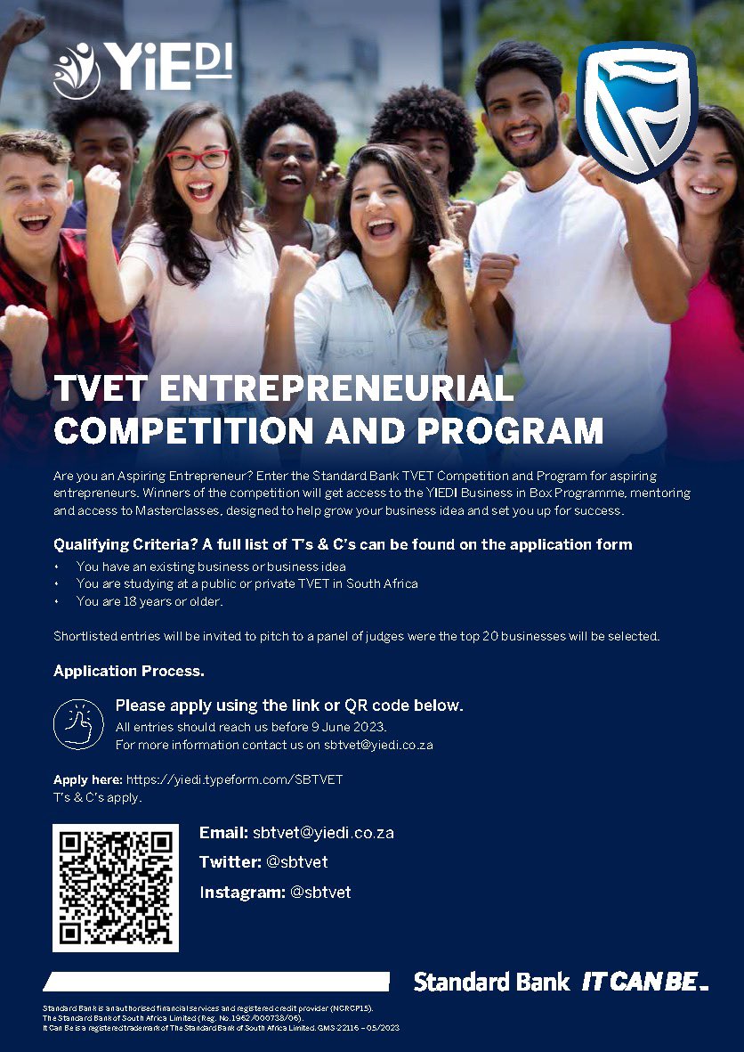 Do you know someone studying at a TVET and keen to start a business? Ask them apply to the @StandardBankZA @sbtvet Entrepreneurial Competition and Programme delivered by @yied_i . See application details below 👇🏽 closes on 9 June yiedi.typeform.com/SBTVET Spread the word!