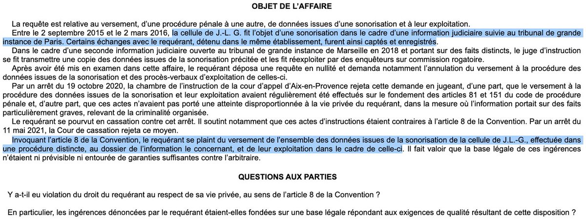 Vie privée &amp; procédure pénale : La #France est mise en cause devant la #CEDH au sujet de l'exploitation de conversations entre détenus captées via la sonorisation d'une cellule.

Et ce, alors celle-ci a initialement été ordonnée pour une autre affaire.

=> bit.ly/3WLDH3f