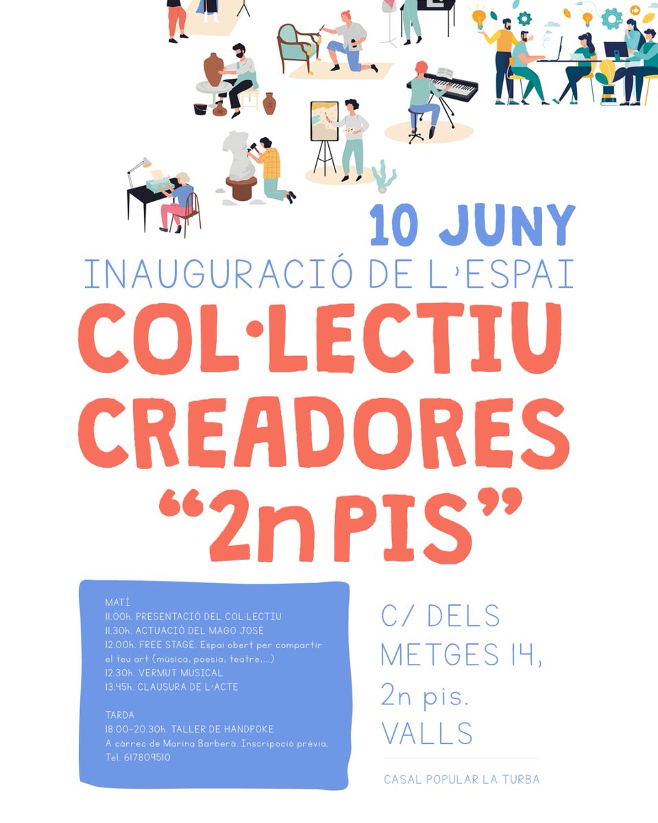 👩🏻‍🎨 Dissabte 10 de juny el Col·lectiu Creadores 2n Pis inauguren l’espai de creació que han adequat a la segona planta del Casal Popular La Turba amb una jornada plena d’activitats.

Us hi esperem💫!