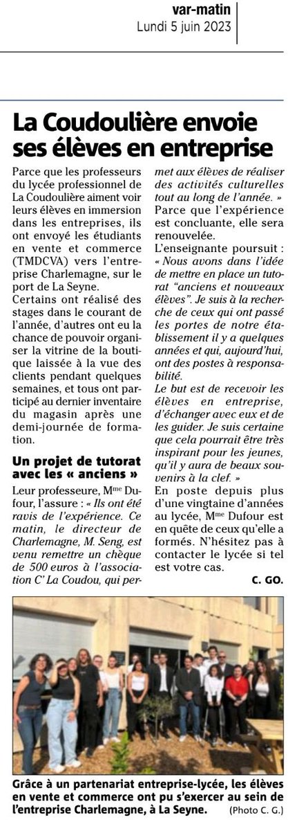 Lycée Professionnel La Coudoulière (@lacoudouliere) on Twitter photo Le Lycée dans la presse 📰
Merci à <a href="/Var_Matin/">Var-matin</a> pour la mise en valeur de ce partenariat 🙏 <a href="/AcademieNice/">Académie de Nice</a> Le Lycée dans la presse 📰
Merci à <a href="/Var_Matin/">Var-matin</a> pour la mise en valeur de ce partenariat 🙏 <a href="/AcademieNice/">Académie de Nice</a>