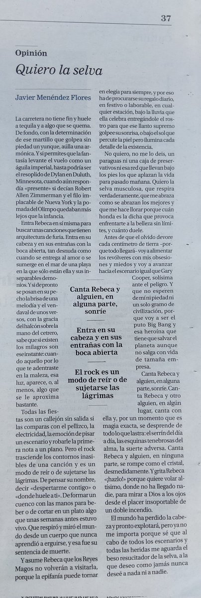 <a href="/RebecaJimenezTw/">REBECA JIMENEZ</a> ‘llena’ este lunes la doble página del «RE: Selvático animal». La entrevista <a href="/Rebevolutions/">Rebeca Argudo</a> con excelente pulso, como siempre, y yo aprovecho para hablar de águilas, escenarios, selvas. De esas cosas de la sangre, la furia y el deseo. Esas cosas. En <a href="/larazon_es/">La Razón</a>.