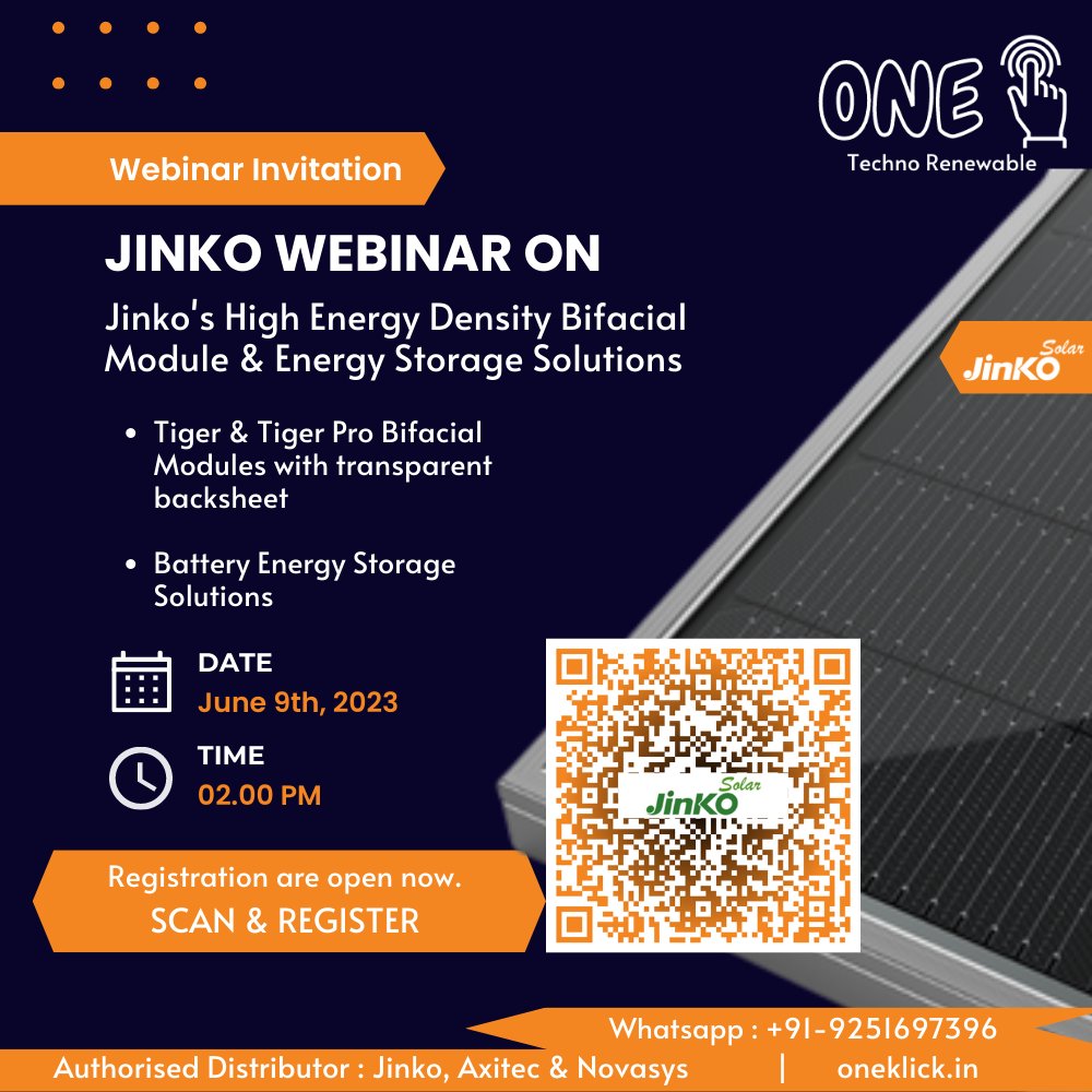 OneklickTechno's tweet photo. Invitaion for Exclusive Jinko Webinar on Bifacial Modules &amp; BESS.
Join us on 9th June 2023,from 2 to 3 PM IST,
to explore the latest advancements
in solar technology.
Register here: https://t.co/cmMcMuT9To https://t.co/6s8WfZ8WlQ