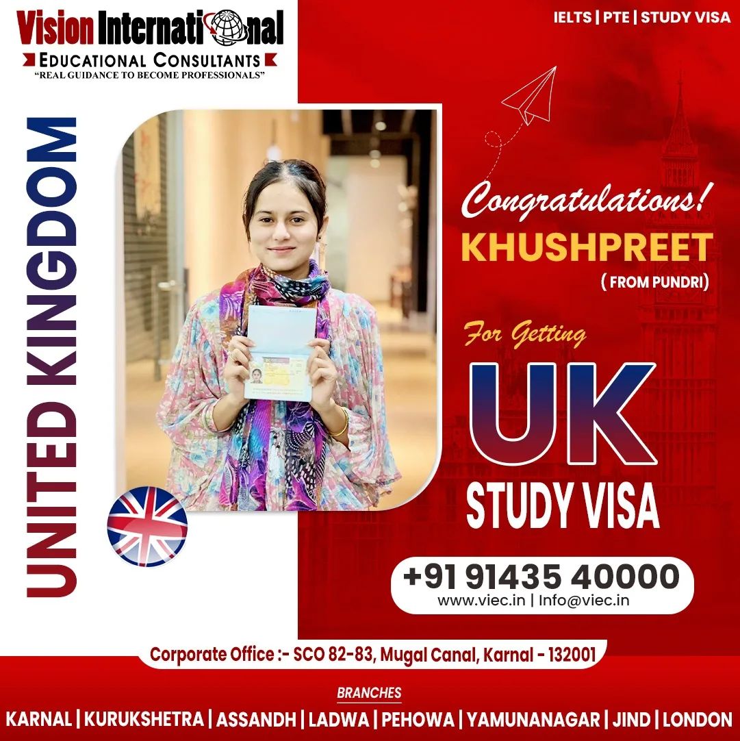 Many Congratulations Khushpreet on getting UK Study Visa from Vision International Educational Consultants.
We can make your study abroad process easy for you. Our expert staff is here to help. 
Call: +91-9143540000

#StudyinUK #HappyStudents #UKStudyVisa #StudyinUnitedKingdom