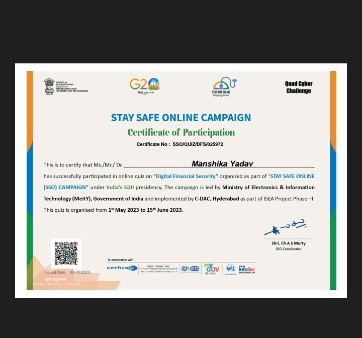 Thanks to @SSOIndia Campaign for providing me this Certificate of Completion.........
@Youth2047
@g20org #Quadcyberchallenge @DigitalNagrik @MP_MyGov
#Meramadhyapradesh 
#BadegaYuvaBadegaMp 
@CMYIP_ @elonmusk @ErikSolheim @GlobalSolarDay @ravikarkara