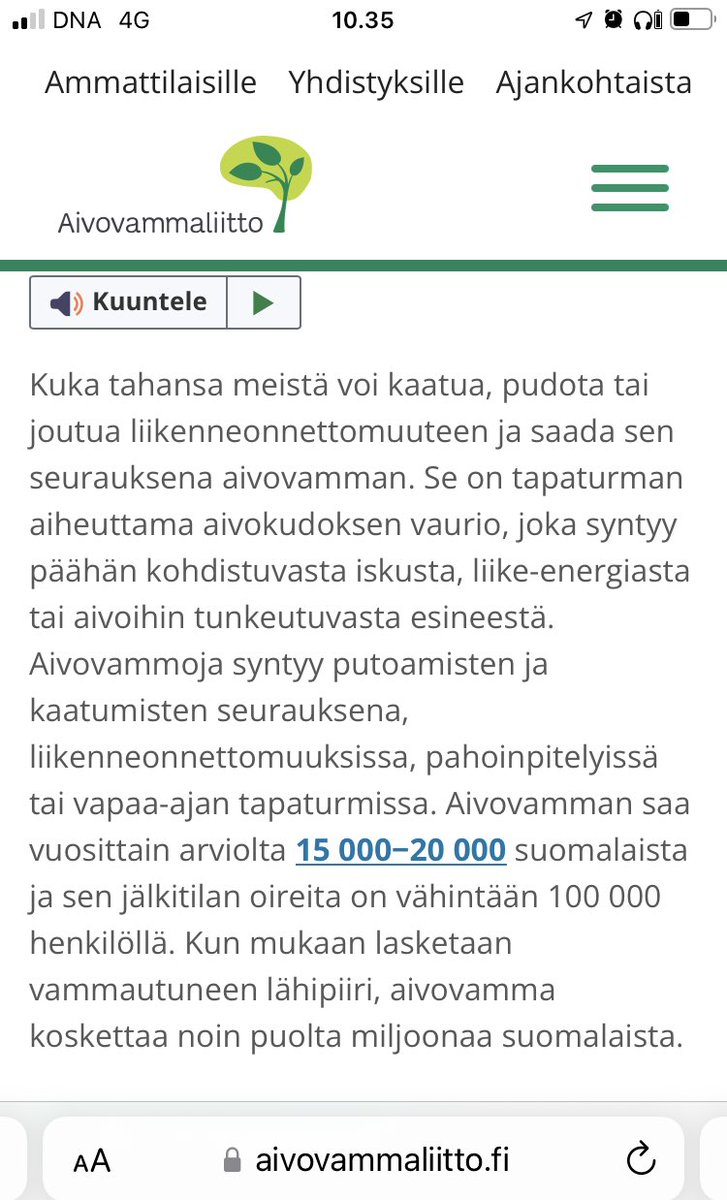 @mattimolari Esität lukuja, joita, ainakin kontekstissaan vihjaat liikenteessä jalankulkijoille tapahtuneiksi aivovammoiksi.

Aivovammaliitto antaa samansuuruiset luvut, mutta yllättäen, liikenne on vain yksi osa tätä kokonaisuutta.

Selkeät luvut, mutta tarkoitushakuista käyttöä…