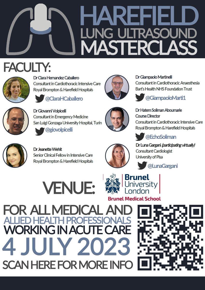 Harefield POCUS (@harefield_pocus) on Twitter photo 🚨 NEW COURSE ANNOUNCEMENT 🚨
After our successful Lung Ultrasound Masterclass in March, we are excited to announce our second course on 4 July <a href="/BrunelMedSchool/">Brunel Medical School</a>!
Learn from international expert faculty <a href="/clarahcaballero/">Clara Hernandez Caballero</a> <a href="/GiampaoloMarti1/">Giampaolo Martinelli</a> <a href="/giovolpicelli/">@giovolpicelli</a> <a href="/EchoSoliman/">Hatem Soliman, FRCP, FEACVI, FASE, FHEA</a> <a href="/LunaGargani/">Luna Gargani</a> 🚨 NEW COURSE ANNOUNCEMENT 🚨
After our successful Lung Ultrasound Masterclass in March, we are excited to announce our second course on 4 July <a href="/BrunelMedSchool/">Brunel Medical School</a>!
Learn from international expert faculty <a href="/clarahcaballero/">Clara Hernandez Caballero</a> <a href="/GiampaoloMarti1/">Giampaolo Martinelli</a> <a href="/giovolpicelli/">@giovolpicelli</a> <a href="/EchoSoliman/">Hatem Soliman, FRCP, FEACVI, FASE, FHEA</a> <a href="/LunaGargani/">Luna Gargani</a>