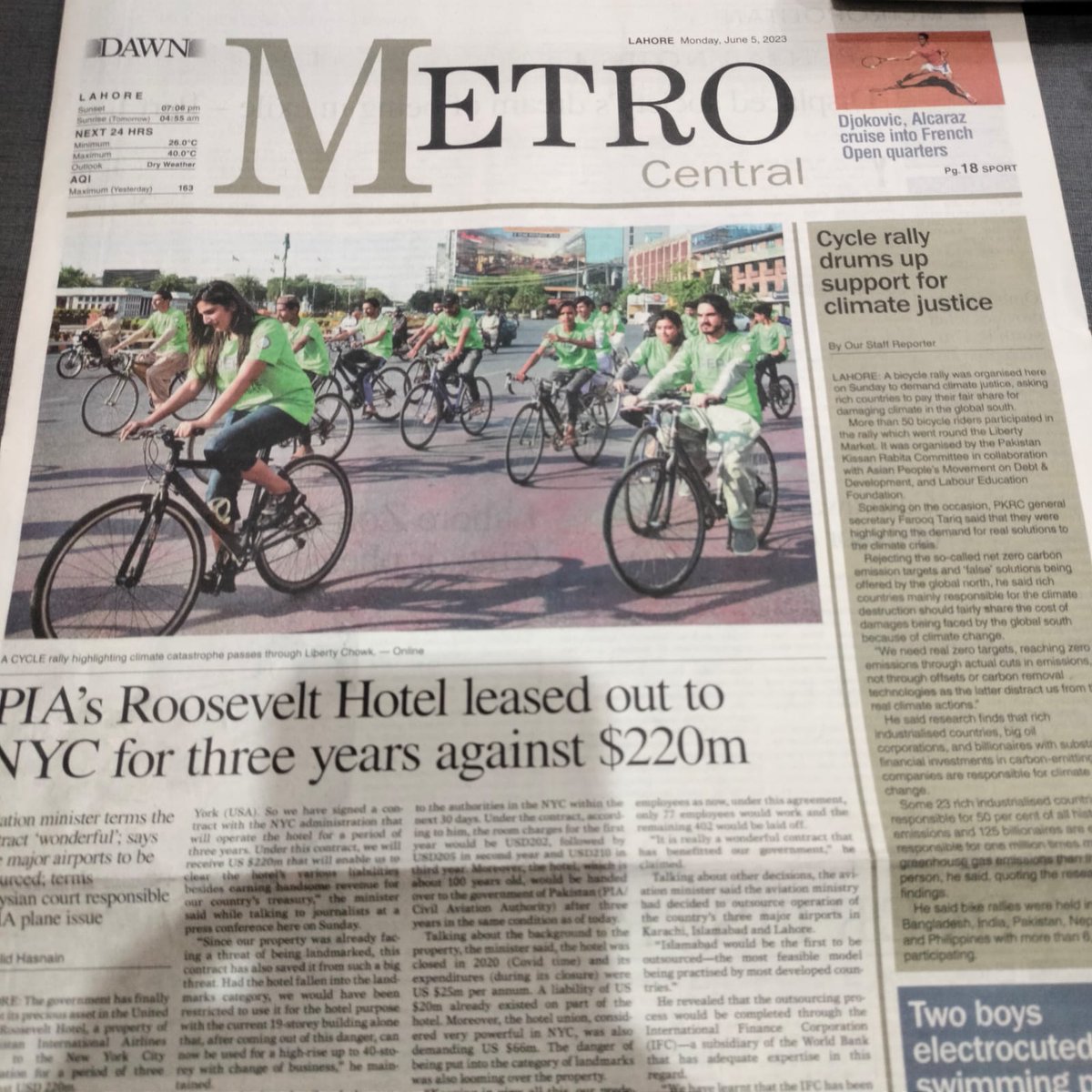 #PedalForPeopleAndPlanet bike action in Lahore covered by Pakistan's leading English daily DAWN News