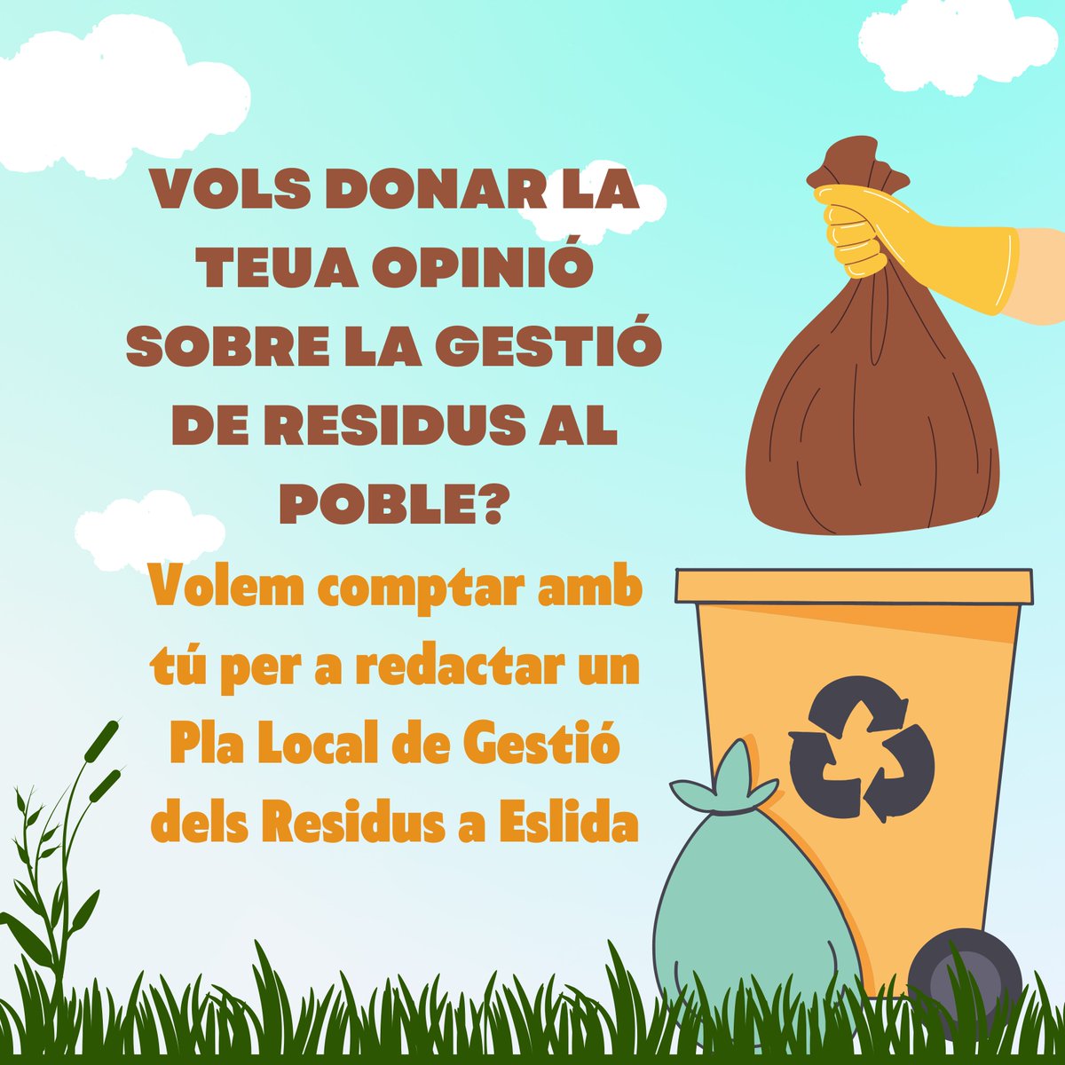 ajuntaeslida's tweet photo. 👉PLA DE RESIDUS LOCAL D'ESLIDA
L'Ajuntament està elaborant el pla de residus local per fer del nostre poble un lloc més net. Si vos participar en la creació d'este projecte, contesta l'enquesta:

Ciutadans: https://t.co/8k6kbrrWQl

Si tens un comerç: https://t.co/UvPUT2gqA1 https://t.co/RtZElfNeJ7