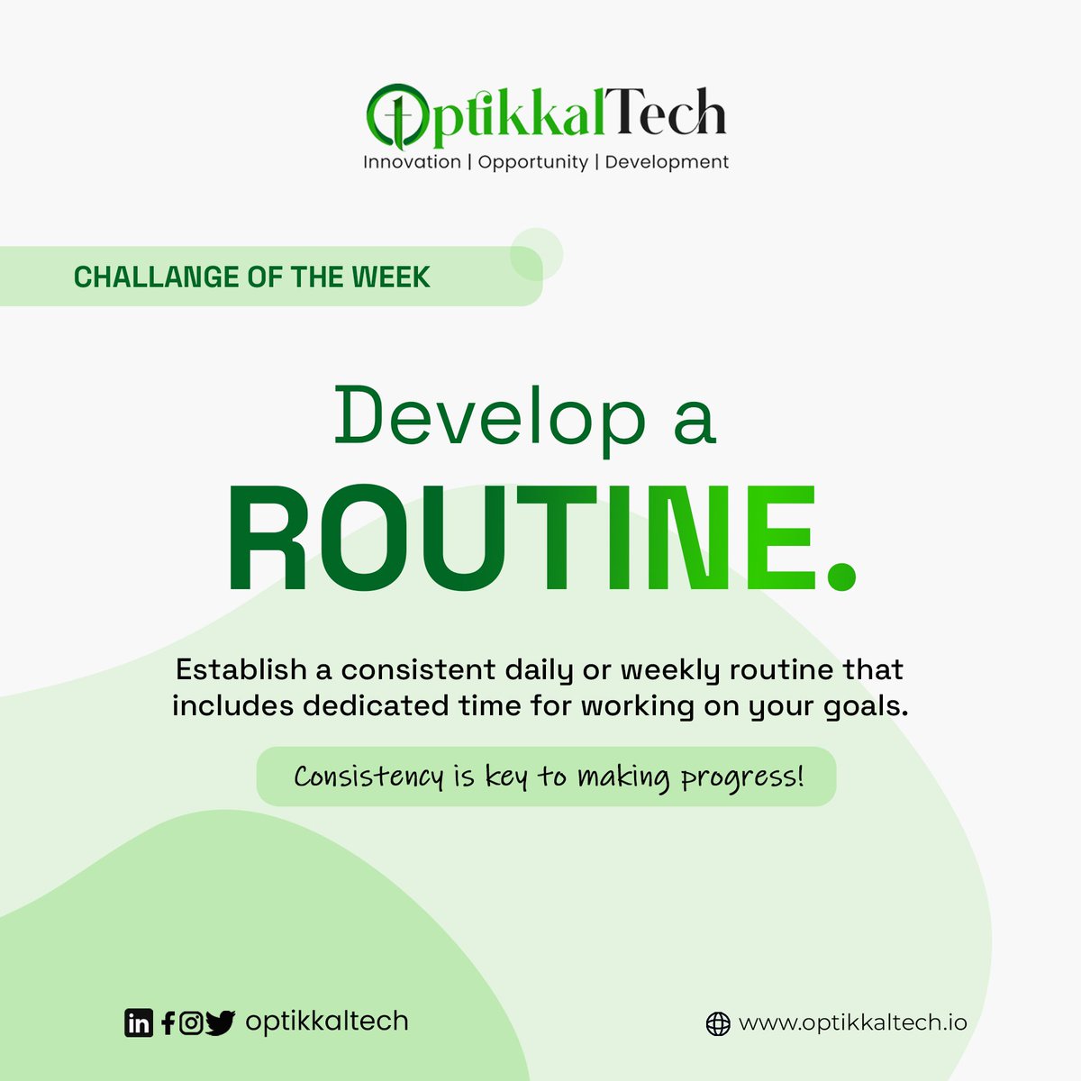 optikkaltech's tweet photo. Happy New Week π
Develop a routine.
Establish a consistent daily or weekly routine that includes dedicated time for working on your goals. Consistency is key to making progress.
#newweek #MondayMotivation #Mondayvibes #Hackathon #softwaredevelopment #optikkaltech https://t.co/PDSJek7kMk