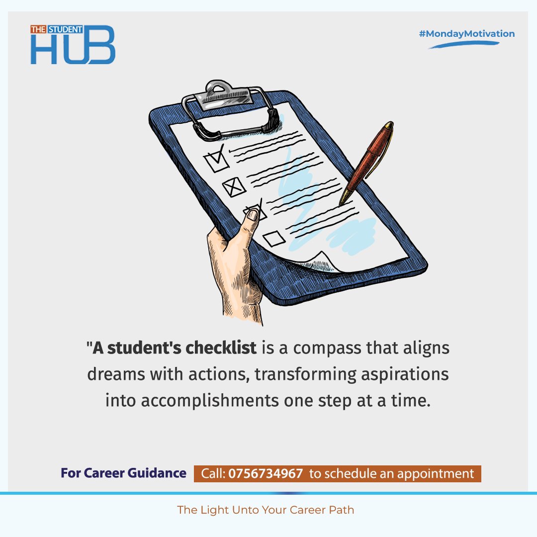 TheStudenthubUg's tweet image. 🎓✈️ Students with checklists are like pilots with flight plans. Clear goals, organized steps, and unstoppable determination lead to soaring success! 🌟🚀 #StudentGoals #OrganizedSuccess #AimHigh #UnstoppableJourney
@StartHubAfrica @Nile_Explorer 
@OpenSpaceUganda