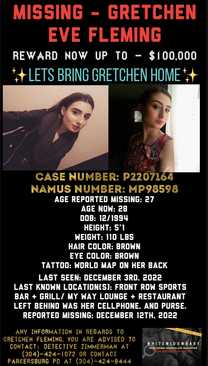 UPDATED POSTER WITH REWARD AMOUNT IN THE CASE OF #GRETCHENFLEMING #PARKERSBURG #WESTVIRGINIA #MISSING #MISSINGPERSON #TRUECRIME ✨ LETS BRING GRETCHEN HOME! ✨ 
- READY, SET, SHARE. ⬇️⬇️⬇️